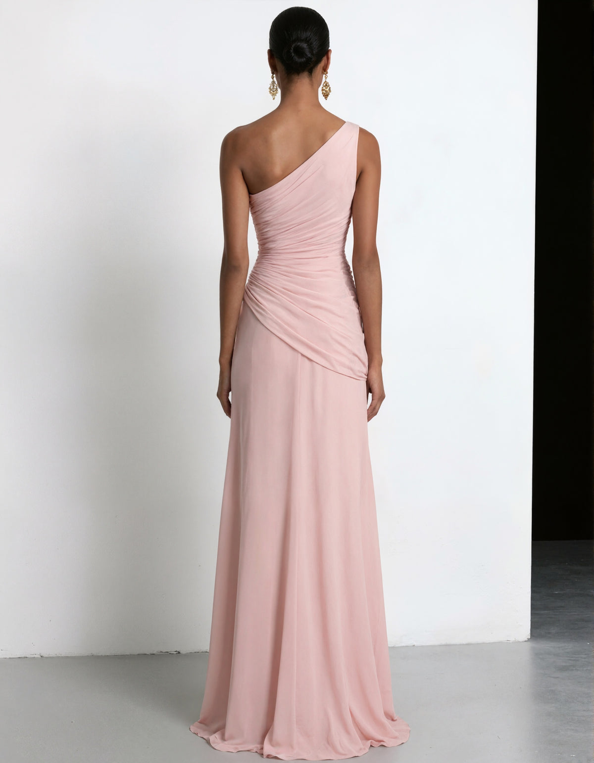 Pink One Shoulder Pleated Chiffon Maxi Dress