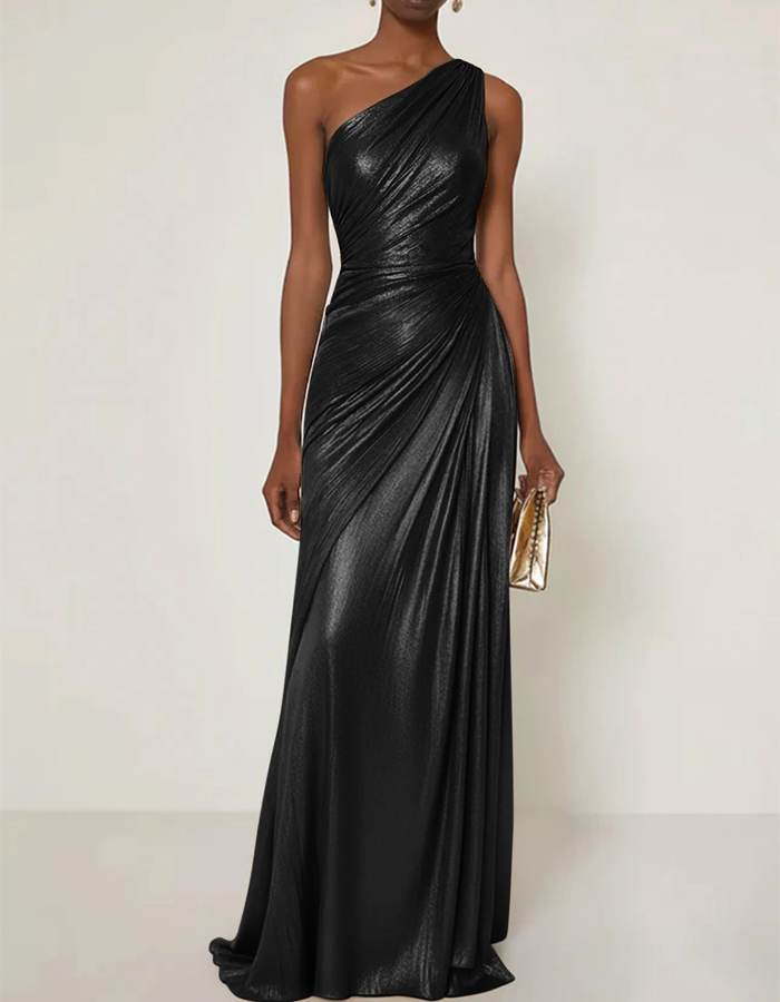 One-Shoulder Ruched Metallic Maxi Dress