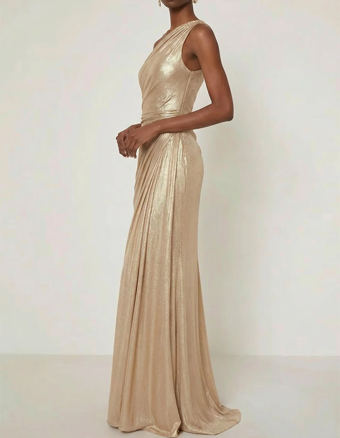 One-Shoulder Ruched Metallic Maxi Dress