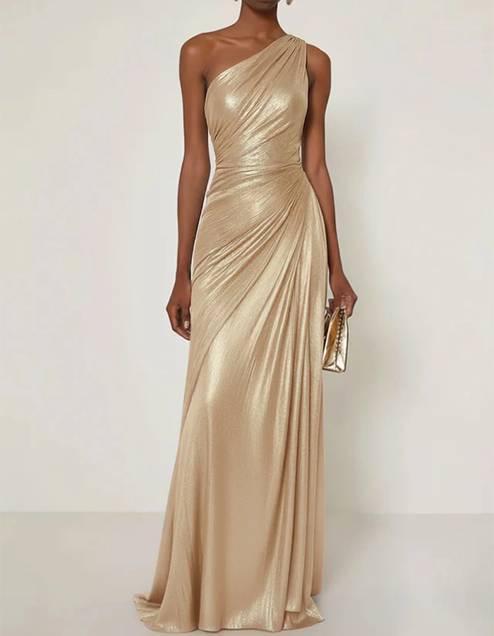 One-Shoulder Ruched Metallic Maxi Dress