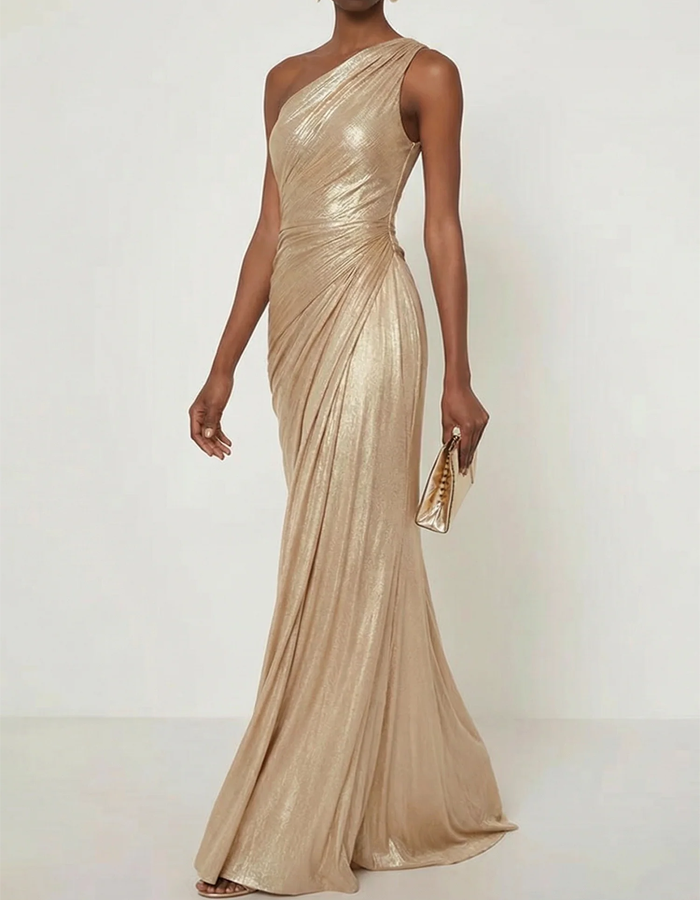 One-Shoulder Ruched Metallic Maxi Dress