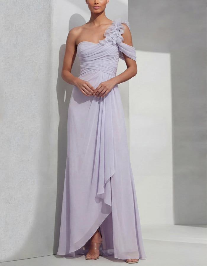 Lavender Purple One Shoulder 3D Floral Chiffon Maxi Dress