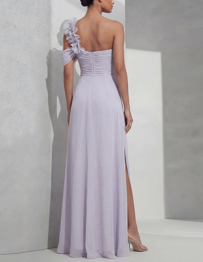Lavender Purple One Shoulder 3D Floral Chiffon Maxi Dress