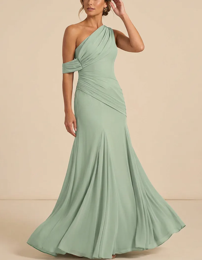 Sage Green One-Shoulder Pleated Chiffon Maxi Dress