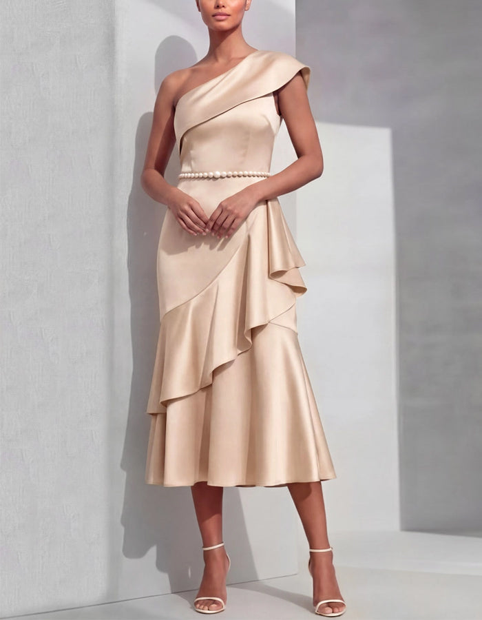 Champagne One Shoulder Satin Ruffle Midi Dress