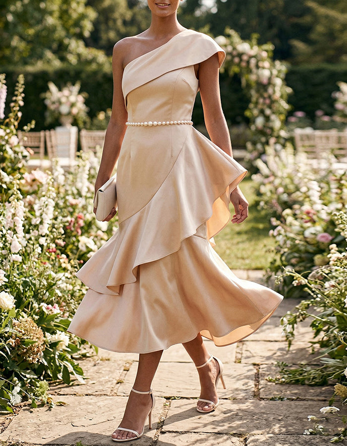 Champagne One Shoulder Satin Ruffle Midi Dress