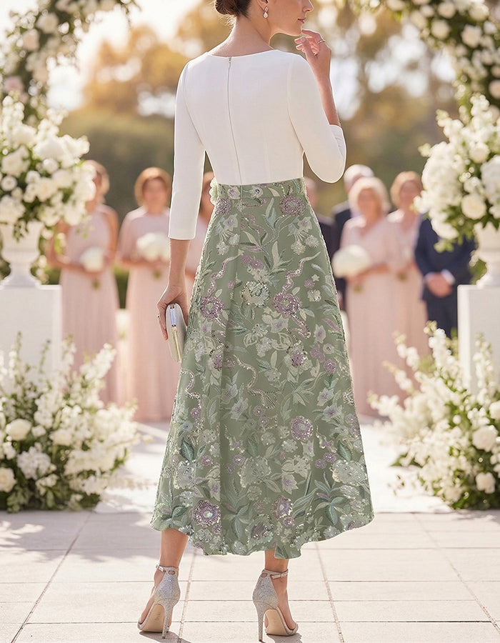White & Sage Green Floral Embroidered Midi Dress