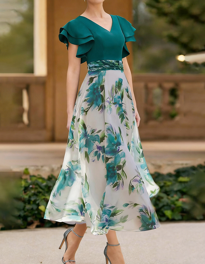 Emerald Green Floral Print Midi Dress