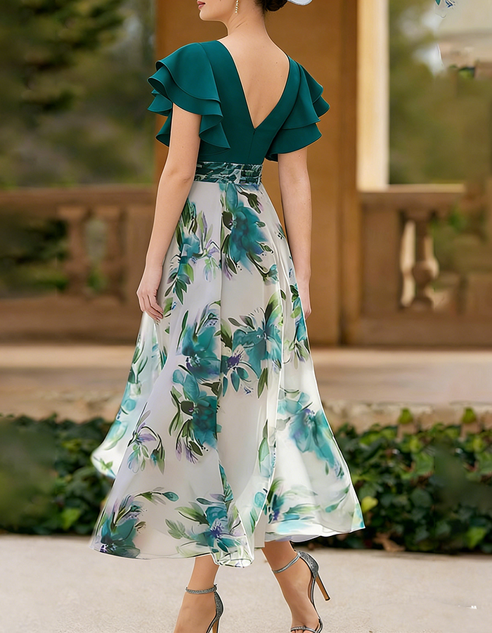 Emerald Green Floral Print Midi Dress