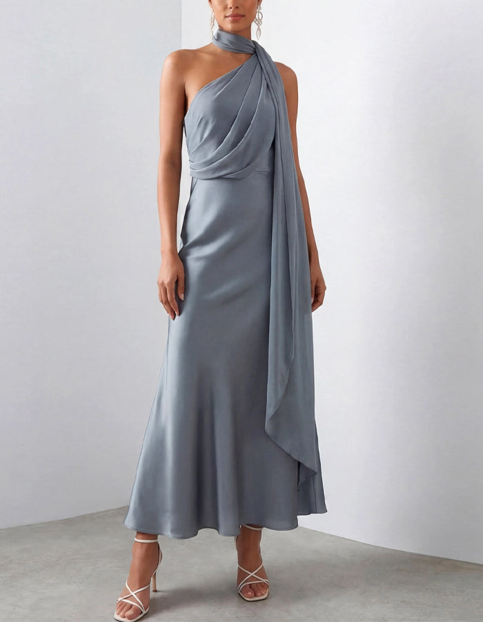 Vestido Midi Satinado con Lazo al Cuello Azul Grisáceo