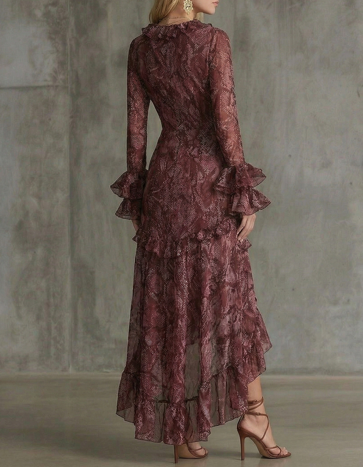 Birkens Red Chiffon Snakeskin Print Ruffled Waist Maxi Dress
