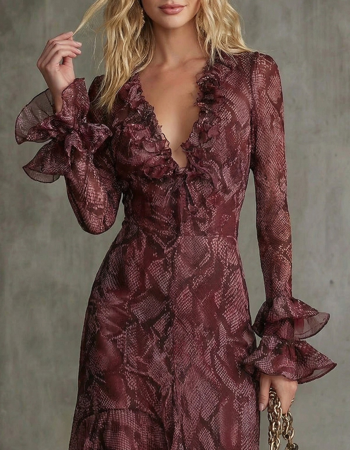 Birkens Red Chiffon Snakeskin Print Ruffled Waist Maxi Dress