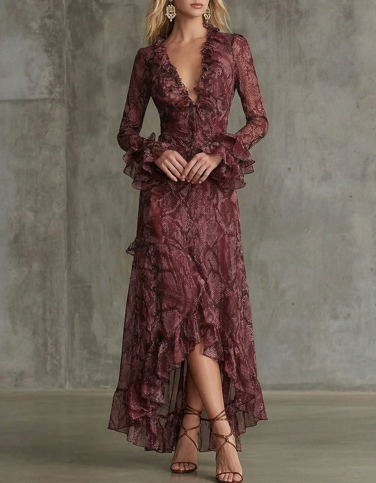 Birkens Red Chiffon Snakeskin Print Ruffled Waist Maxi Dress