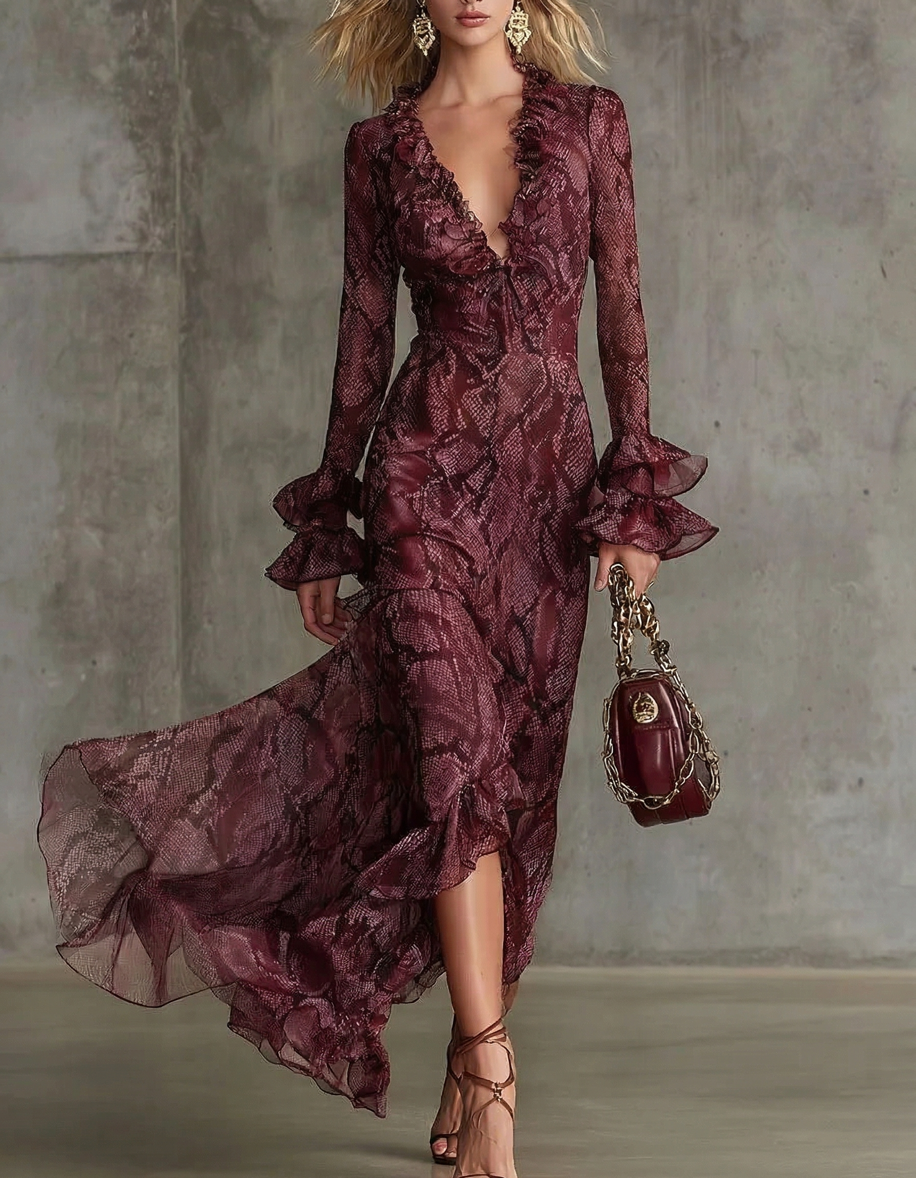 Birkens Red Chiffon Snakeskin Print Ruffled Waist Maxi Dress