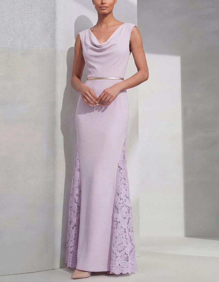 Lavender Purple Draped Lace Patchwork Maxi Dress
