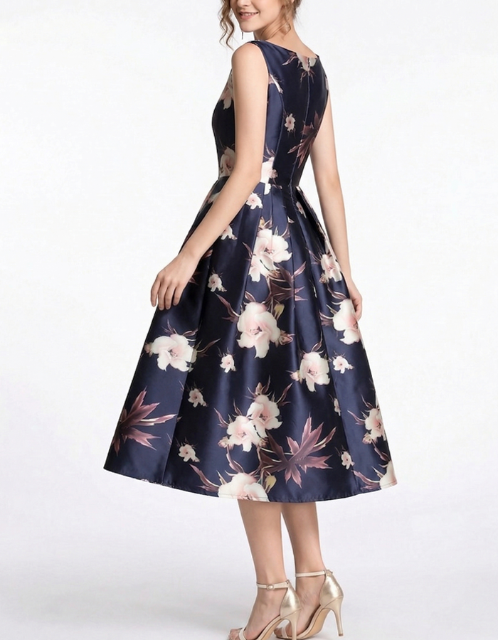 Navy Blue Printed Satin Fitted A-line Midi Dress