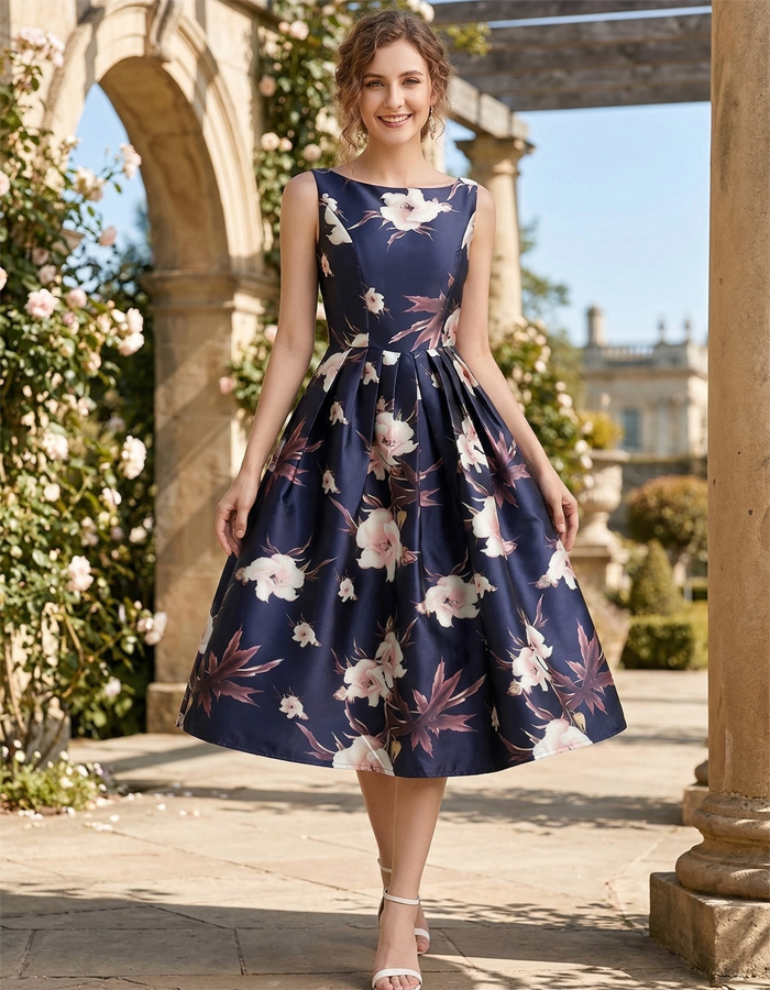 Vestido Midi A-line Ajustado de Satén Estampado Azul Marino