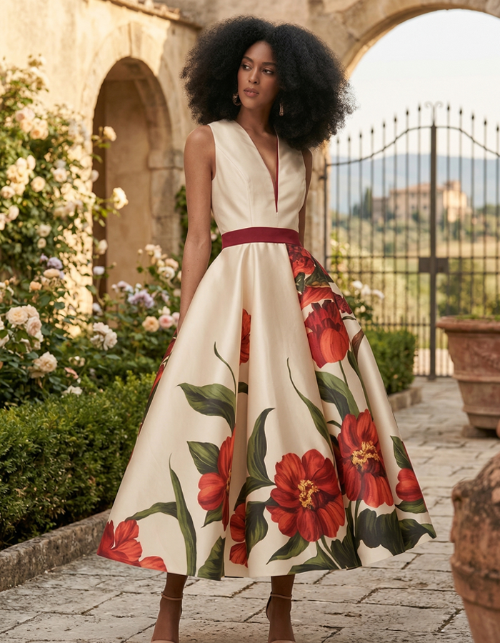 Creamy Red Floral Satin Fitted A-line Midi Dress