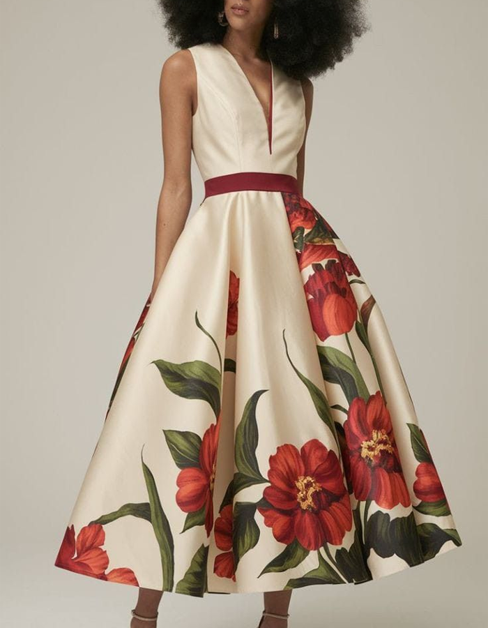Creamy Red Floral Satin Fitted A-line Midi Dress