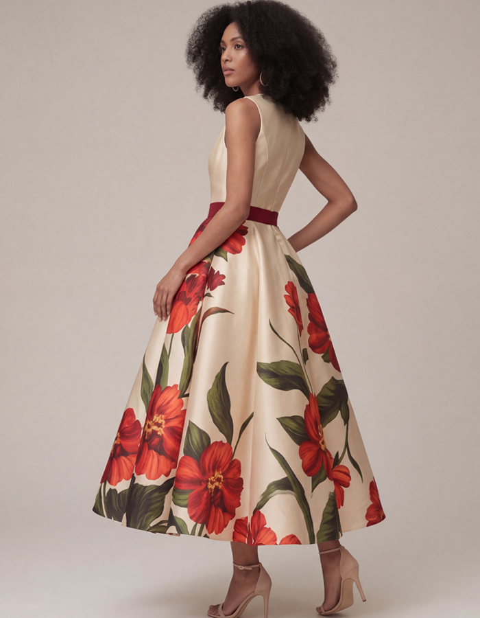 Creamy Red Floral Satin Fitted A-line Midi Dress