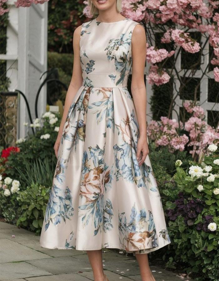 Vestido Midi Satinado A-Line Ajustado con Estampado Floral Azul y Crema