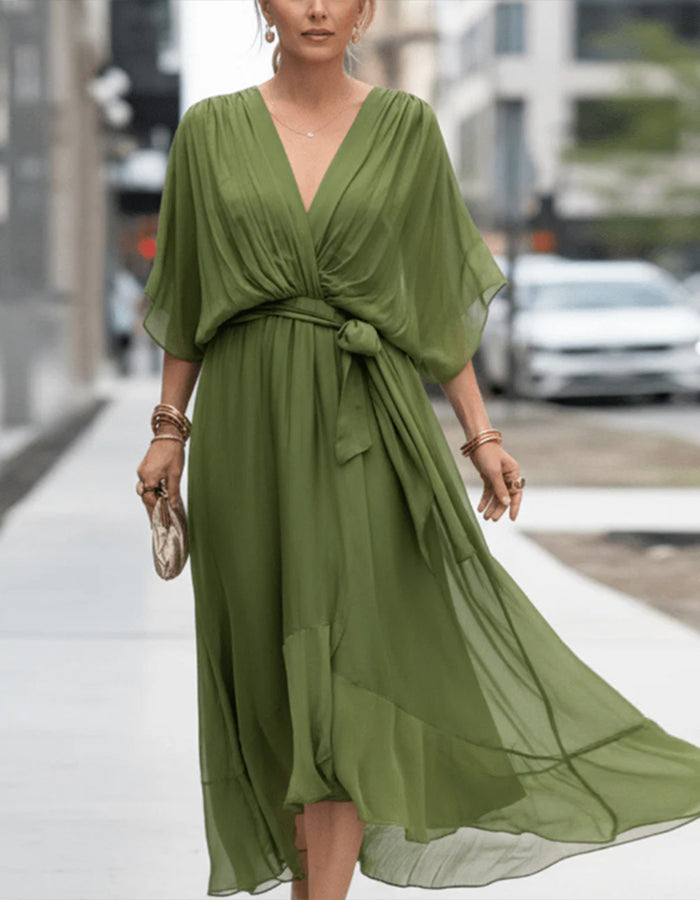 Solid Color V-Neck Ruffled Chiffon Midi Dress
