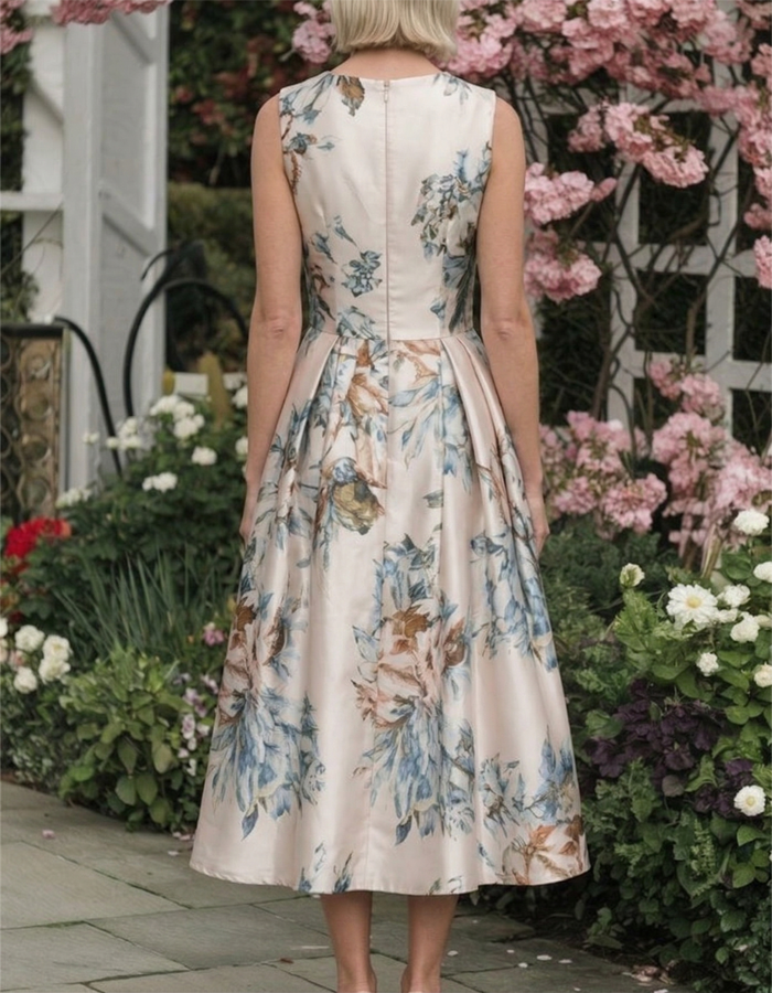 Creamy Blue Floral Satin Slim-Fit A-Line Midi Dress