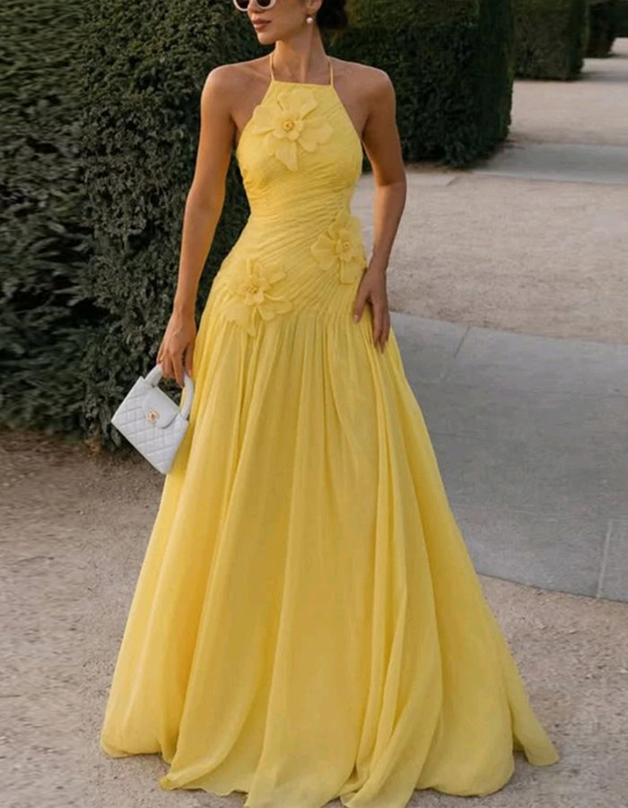 Yellow halter neck chiffon with 3D floral pattern Maxi Dress