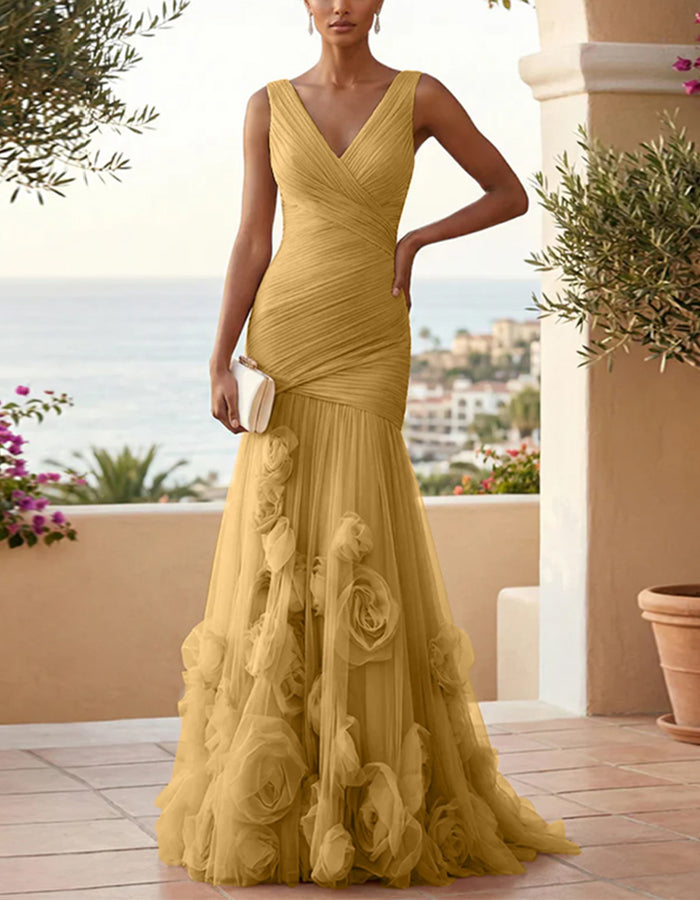 Vestido largo de malla con cuello en V y rosa 3D de color liso