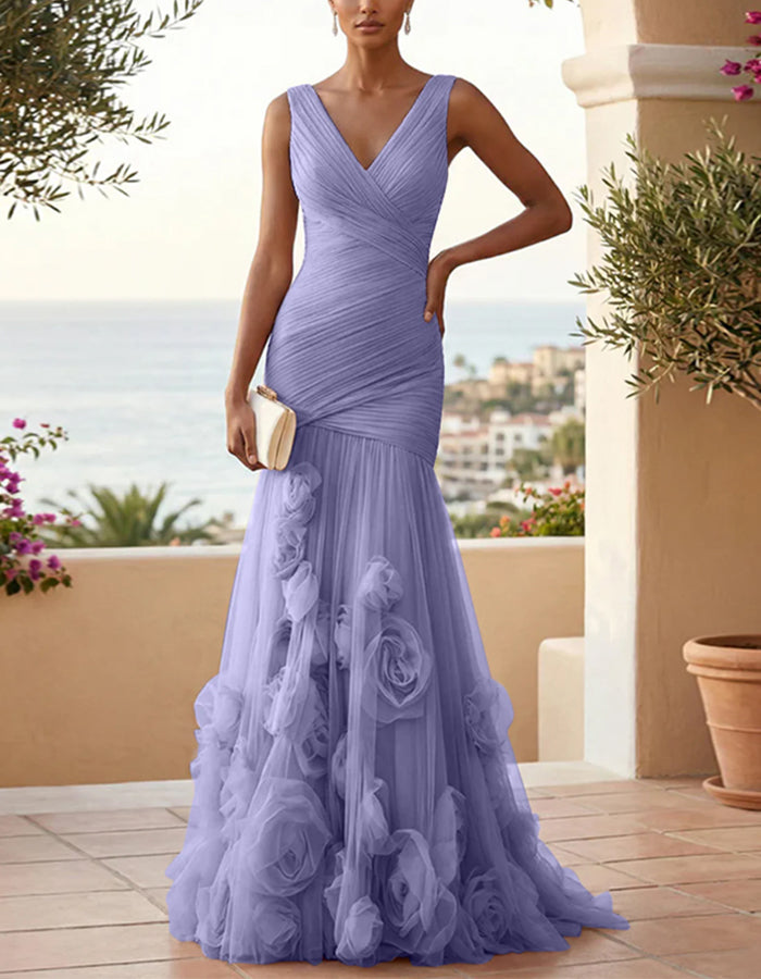 Vestido largo de malla con cuello en V y rosa 3D de color liso