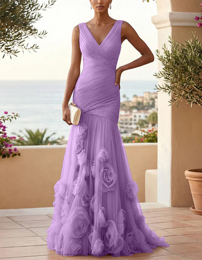Vestido largo de malla con cuello en V y rosa 3D de color liso