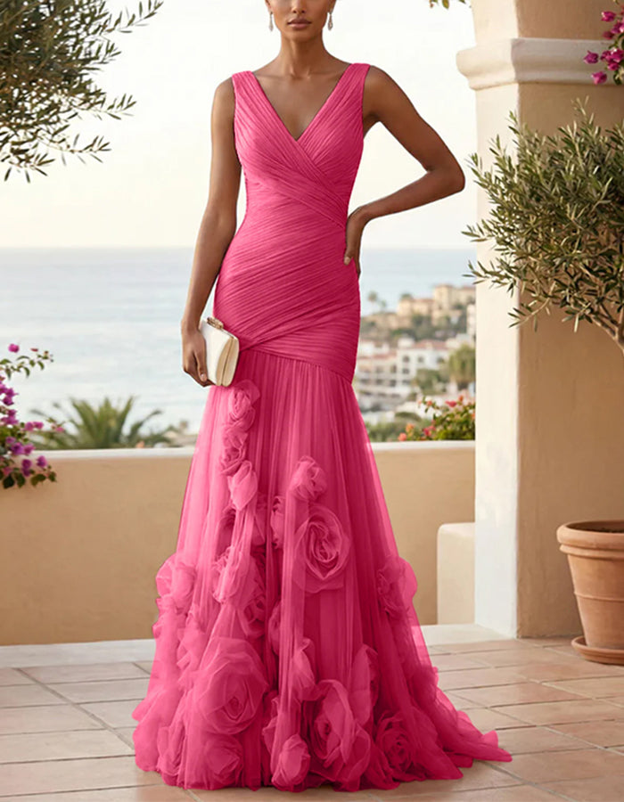 Vestido largo de malla con cuello en V y rosa 3D de color liso