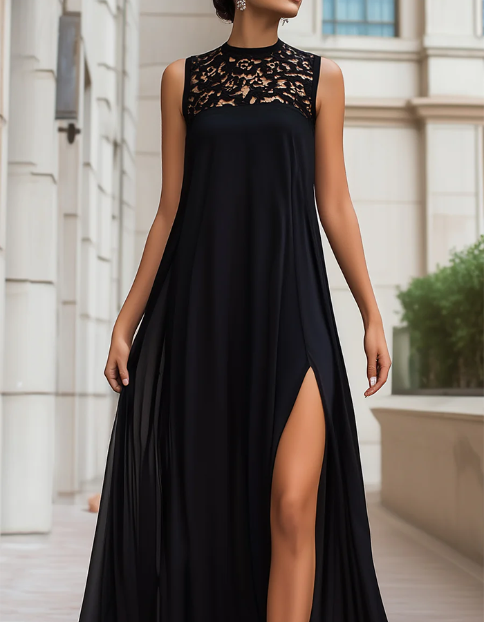 Black Lace High-Neck Chiffon Maxi Dress