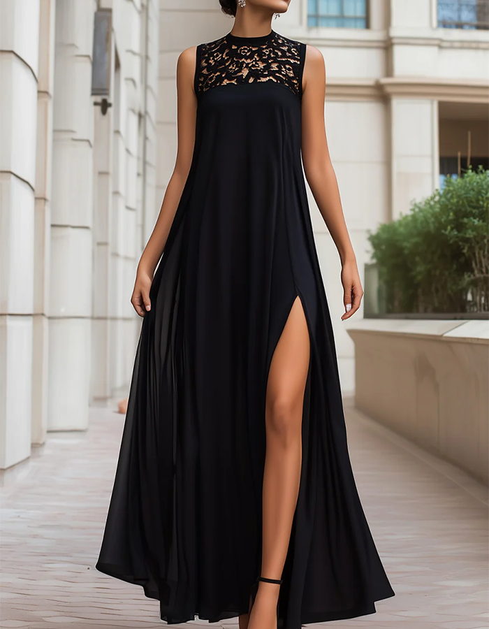 Black Lace High-Neck Chiffon Maxi Dress