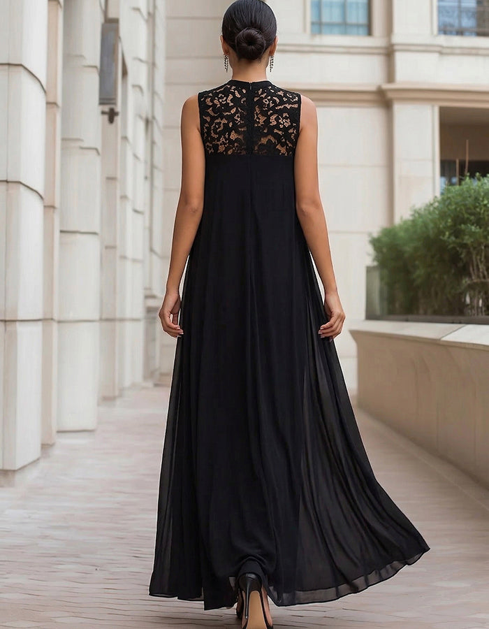 Black Lace High-Neck Chiffon Maxi Dress