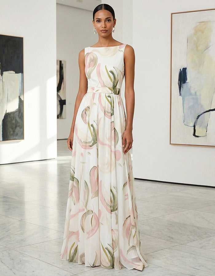 Ink-wash Floral Sleeveless Chiffon Maxi Dress