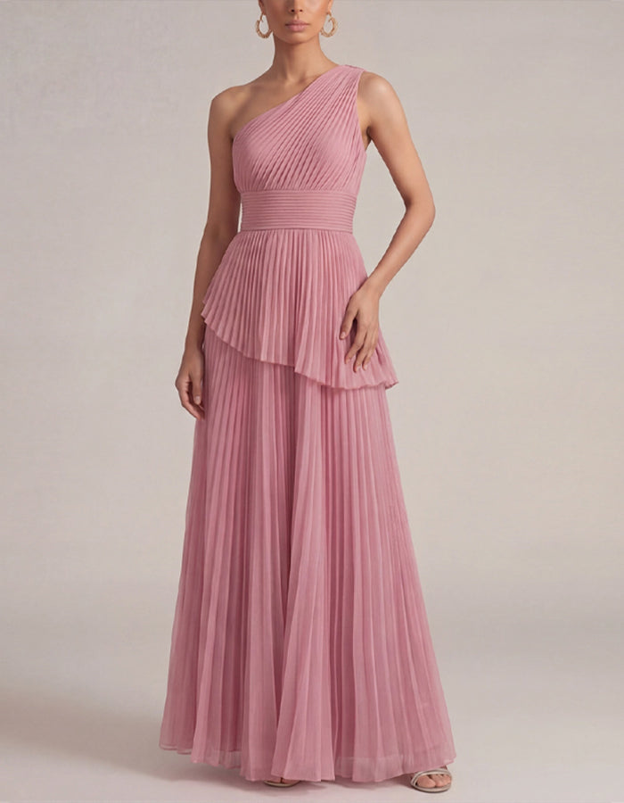Solid Color One Shoulder Pleated Layered Chiffon Maxi Dress