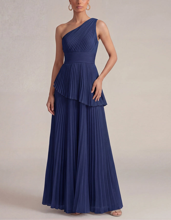 Solid Color One Shoulder Pleated Layered Chiffon Maxi Dress