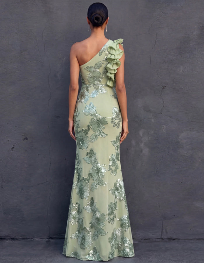 Mint Green One Shoulder Ruffled Sequined Floral Pattern Maxi Dress