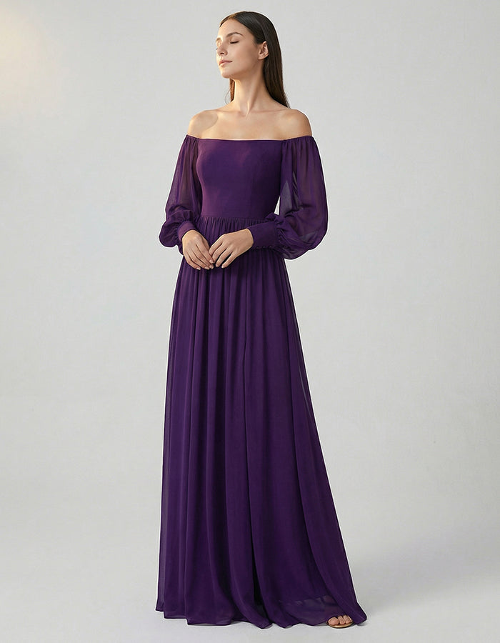 Deep Purple Off Shoulder Lantern Sleeve Chiffon Maxi Dress