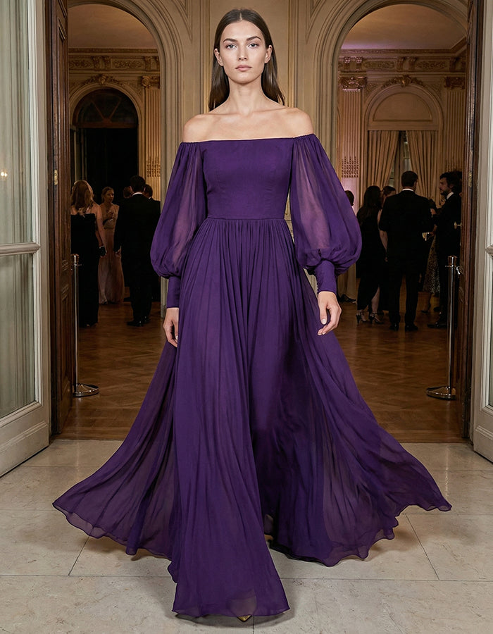 Deep Purple Off Shoulder Lantern Sleeve Chiffon Maxi Dress