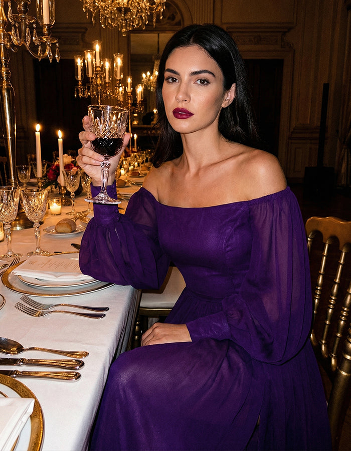 Deep Purple Off Shoulder Lantern Sleeve Chiffon Maxi Dress