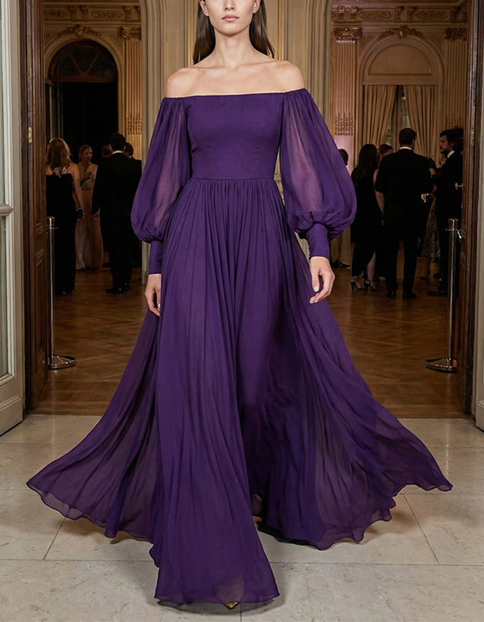Deep Purple Off Shoulder Lantern Sleeve Chiffon Maxi Dress