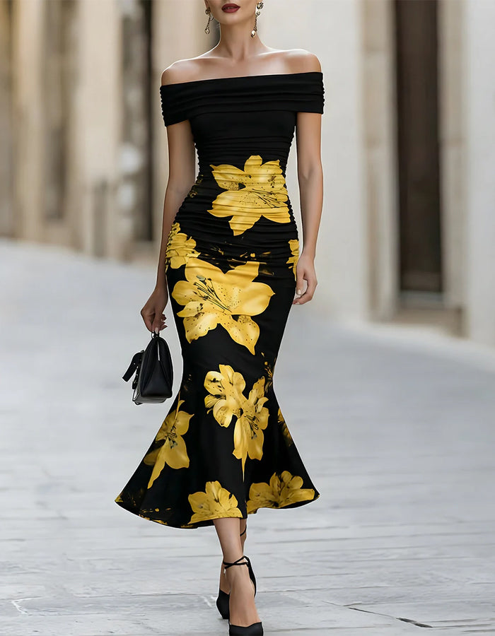Black Base With Yellow Lilies Off Shoulder Fishtail Midi Dress