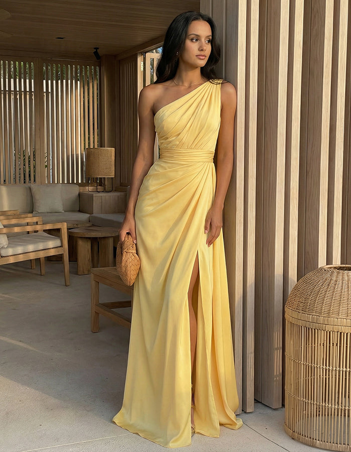 Yellow Single Shoulder Slit Satin Maxi Dress