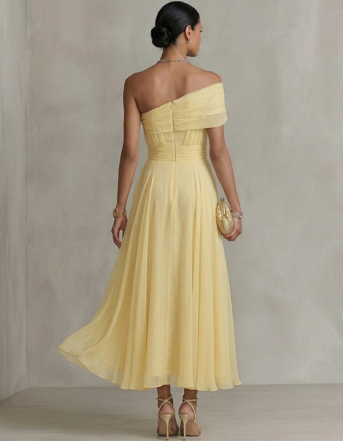Pale Yellow Chiffon One-Shoulder Fitted Waist Maxi Dress