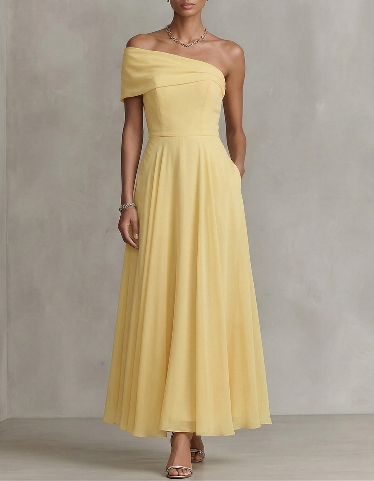 Pale Yellow Chiffon One-Shoulder Fitted Waist Maxi Dress