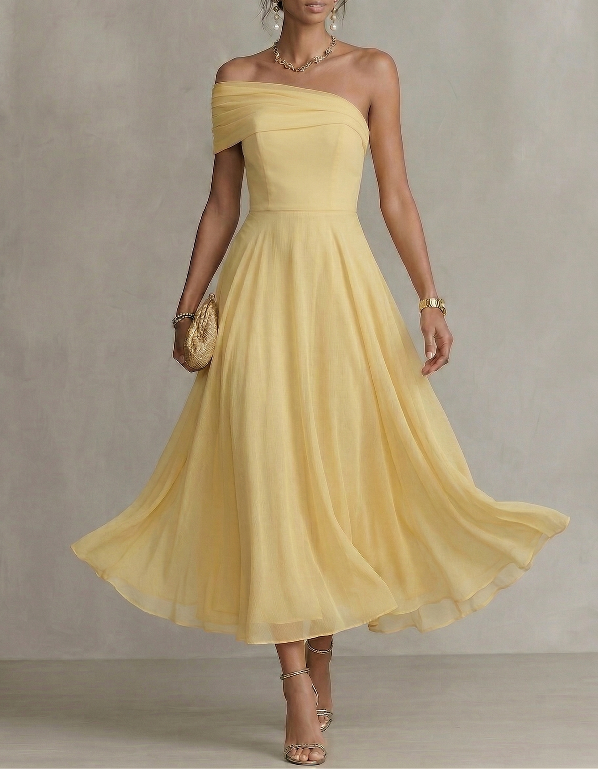 Pale Yellow Chiffon One-Shoulder Fitted Waist Maxi Dress