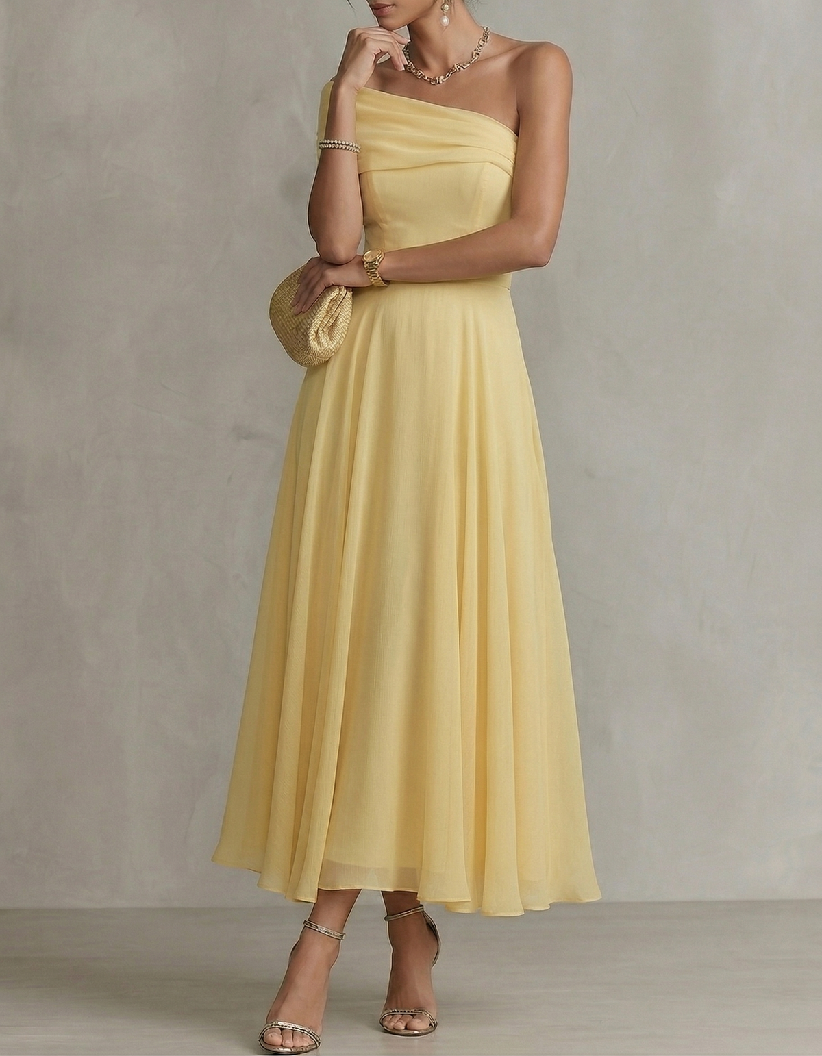 Pale Yellow Chiffon One-Shoulder Fitted Waist Maxi Dress