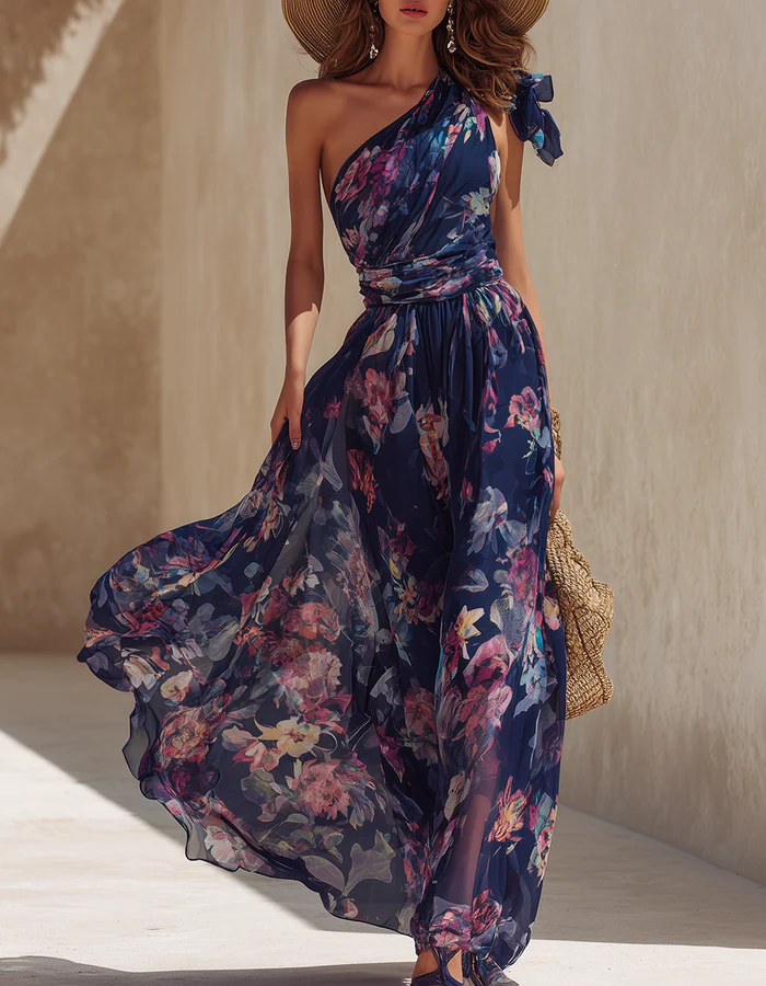 Navy Blue One-Shoulder Chiffon Maxi Dress